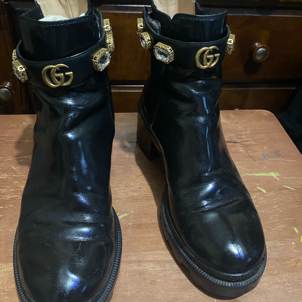 Gucci Black Ankle Boots with Gold Accents